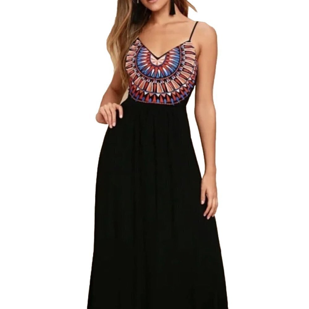 Lulus Embroidered‎ Tie Open Back Maxi Dress Black Size XS Boho Festival
